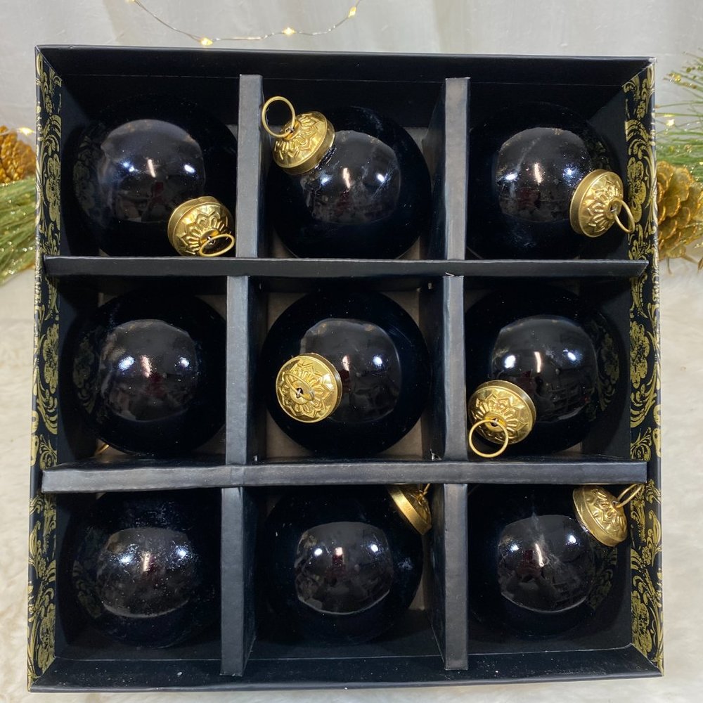 Christian Siriano Black Gold Blown Glass Christmas Holiday Ornaments Set of 9